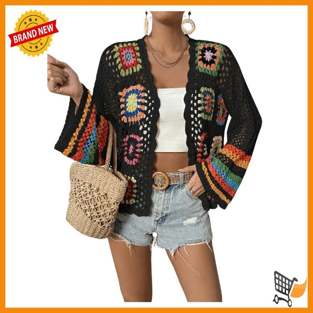 Floral Crochet Cardigan Long Sleeve Open Front Lightweight Sweater